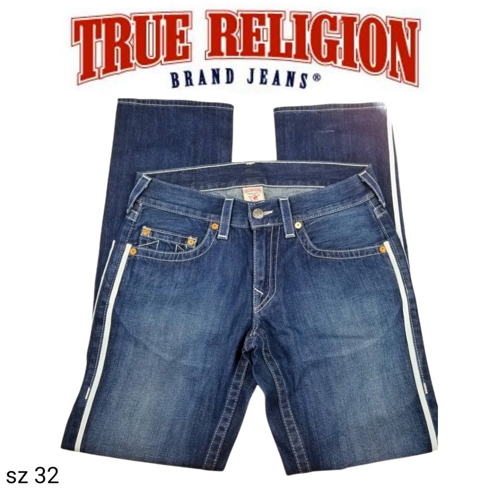 True Religion Straight Blue Denim with White Stripe Sides Jeans sz 32 NEW